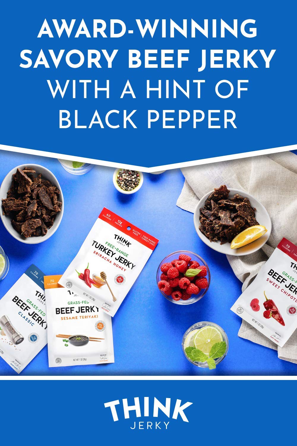 Think Jerky Classic Beef Jerky, Grass-Fed, Gluten Free, Low Calorie, 2.2 oz Bags, Pack of 8