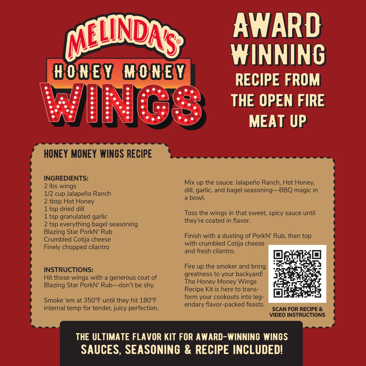 Melindas Honey Money Wings Recipe Kit - 3 Pack + Recipe - 2024 Open Fire Meat Up Award Winning Kit From Tony ''Tone'' Ramirez In