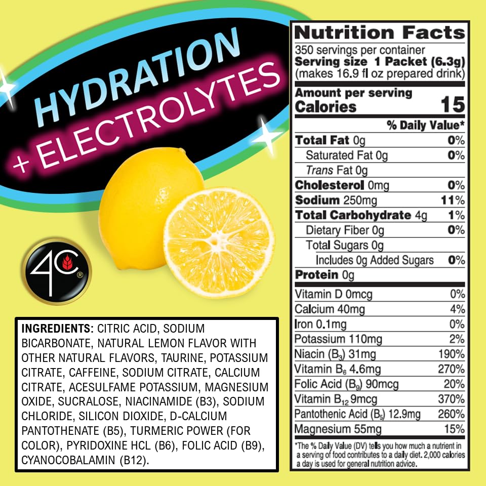 4C Powder Energy Rush Stix, Energy Rush - Lemonade Electrolyte 350 Count, Bulk Buy, Singles Stix, On The Go, Refreshing Water Fl