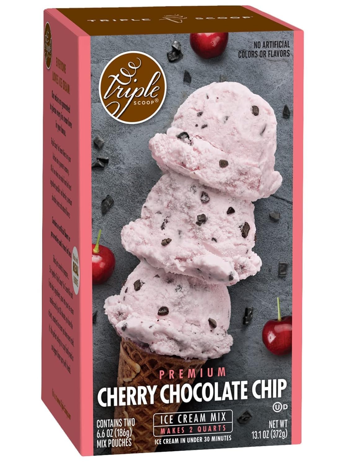Triple Scoop Ice Cream Mix - Cherry Chocolate Chip Flavor, Non-GMO, No Artificial Colors or Flavors, Ready in Under 30 Mins