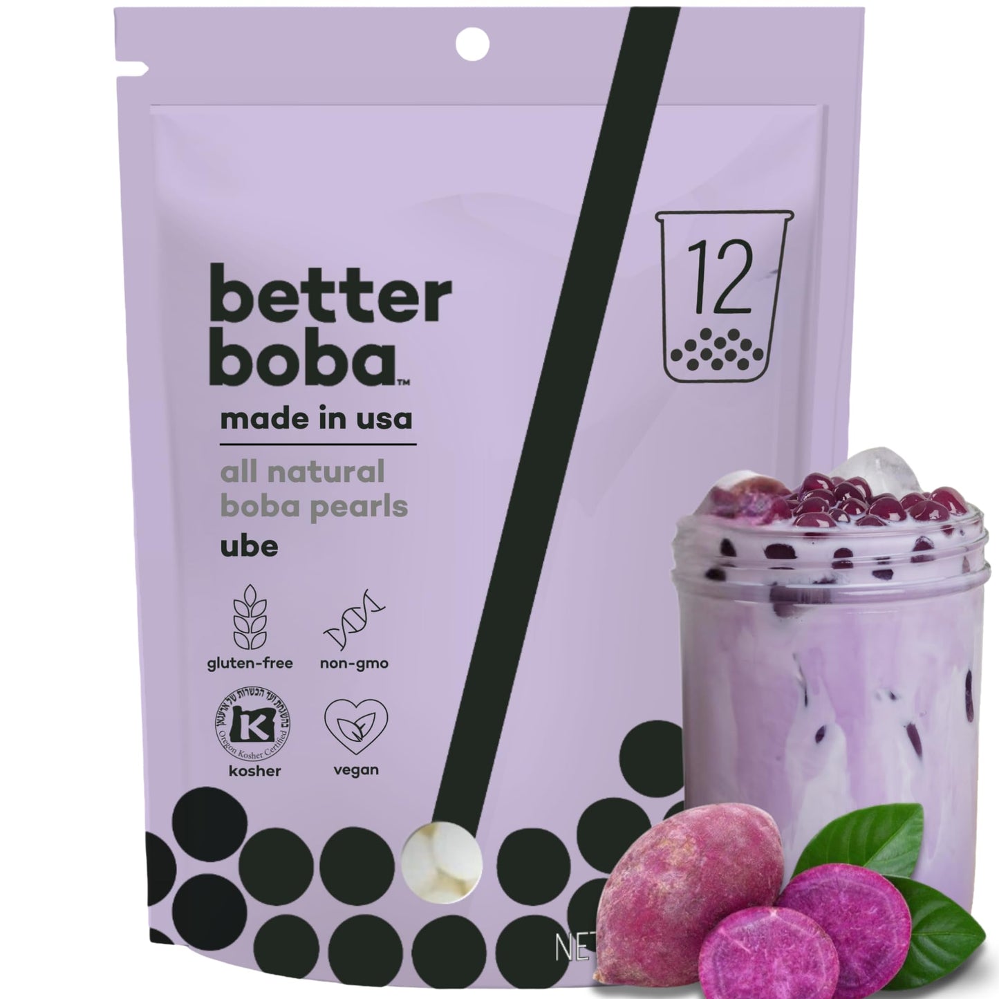 Better Boba All-Natural Ube Boba Pearls 8 Oz | Kosher, Vegan, Gluten-Free, Non-GMO Popping Boba for Bubble Tea, Desserts | 12 Se