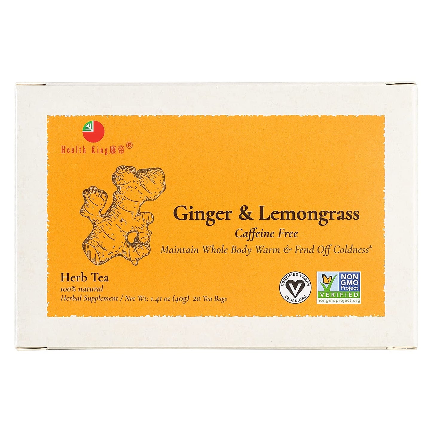 Health King Ginger Herb Tea, Teabags, 20 Count Box