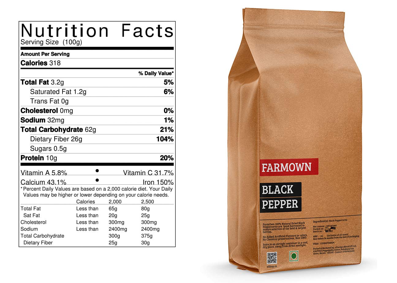 Farmown Black Pepper Whole Peppercorn (500 Grams)