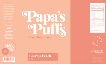 Papa'S Puffs Georgia Peach Flavored Pure Sugar Candy - Individually Wrapped In Resealable Tub - Fat-Free, Gluten-Free, Cholester