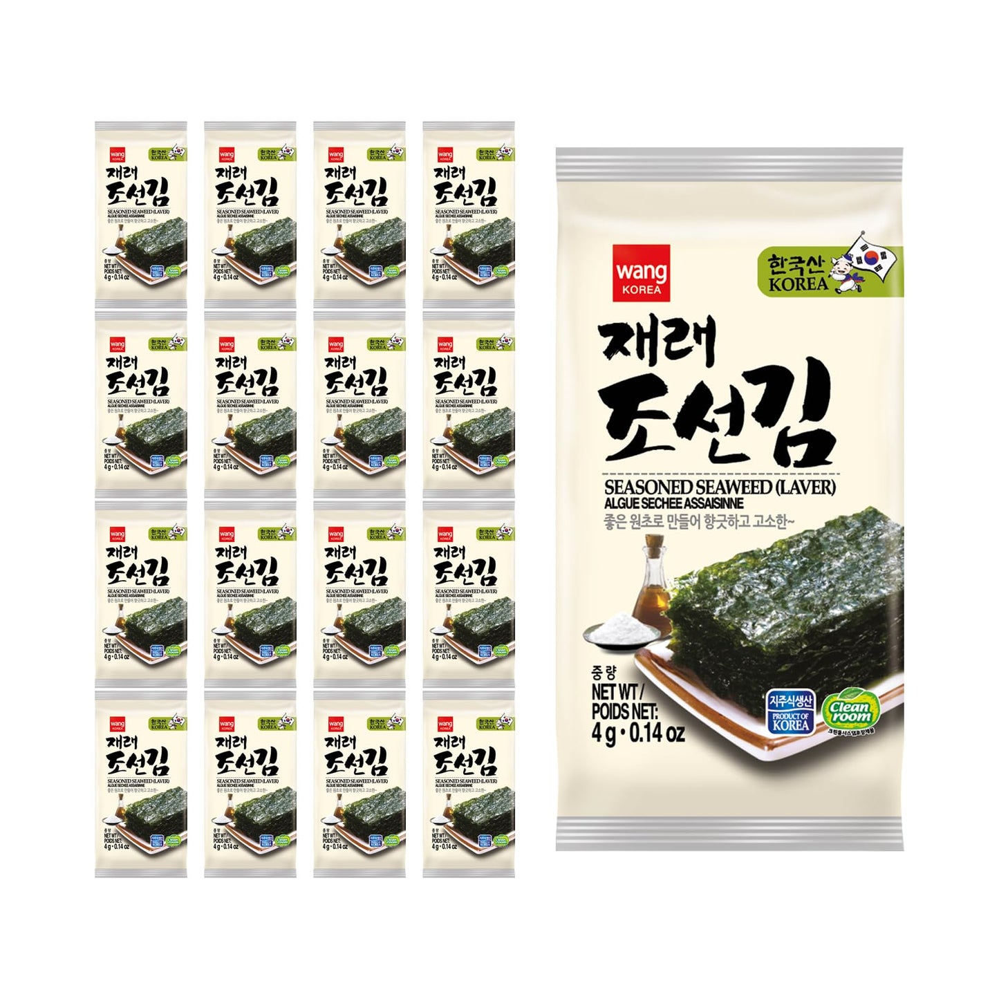 Wang Korean Roasted Seaweed Snack, Healthy Snack 0.14 Ounce, Pack Of 16