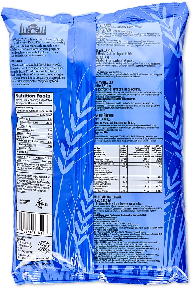 David Rio Elephant Vanilla Chai, 1.8 kg (63.49 oz) - Gourmet Chai Tea Mix for Food Service, Pack of 1