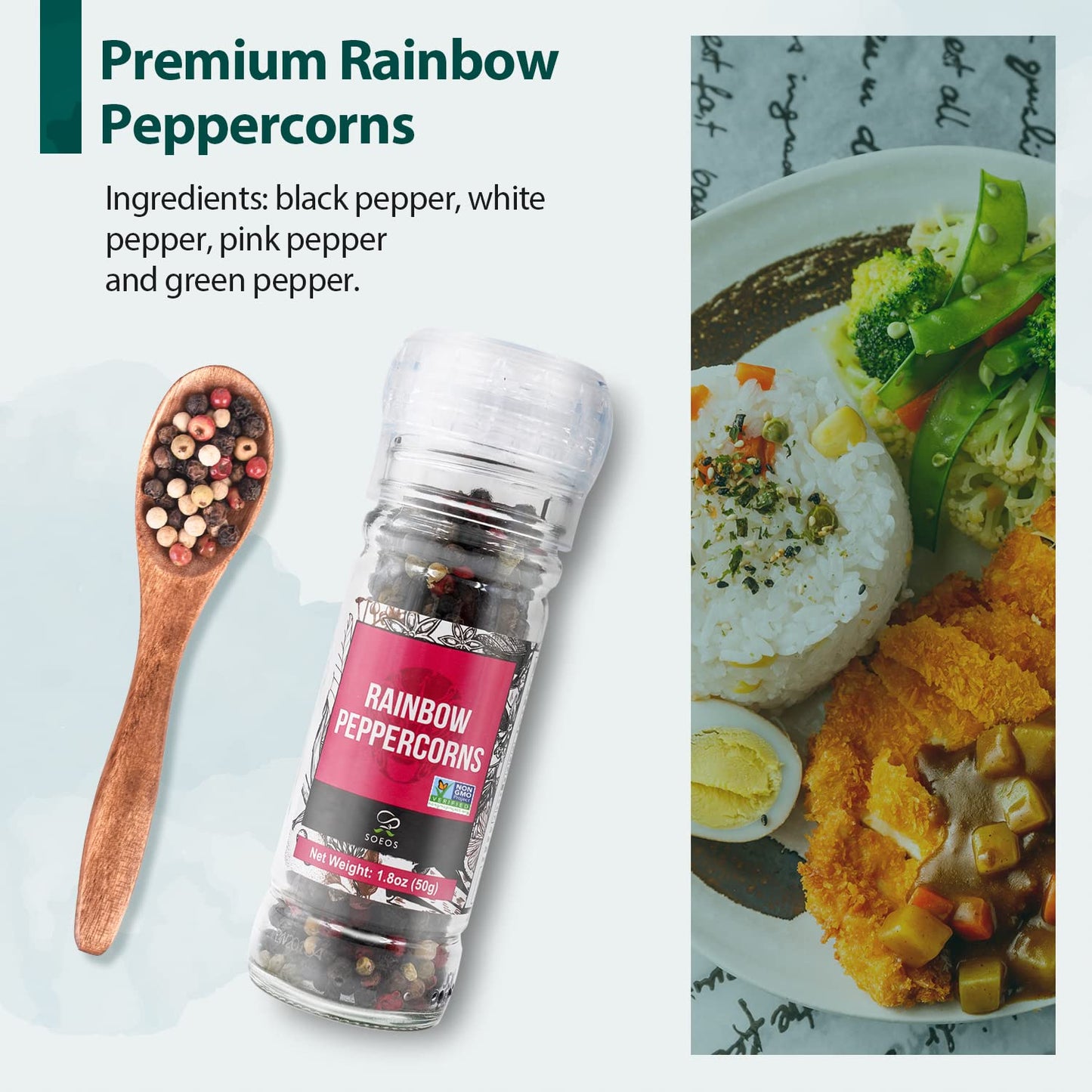 Soeos Black Peppercorns + White Sea Salt + Rainbow Peppercorns + Pink Salt, 10.6oz(300.50g) Spice Total, Glass Bottle Grinder wi