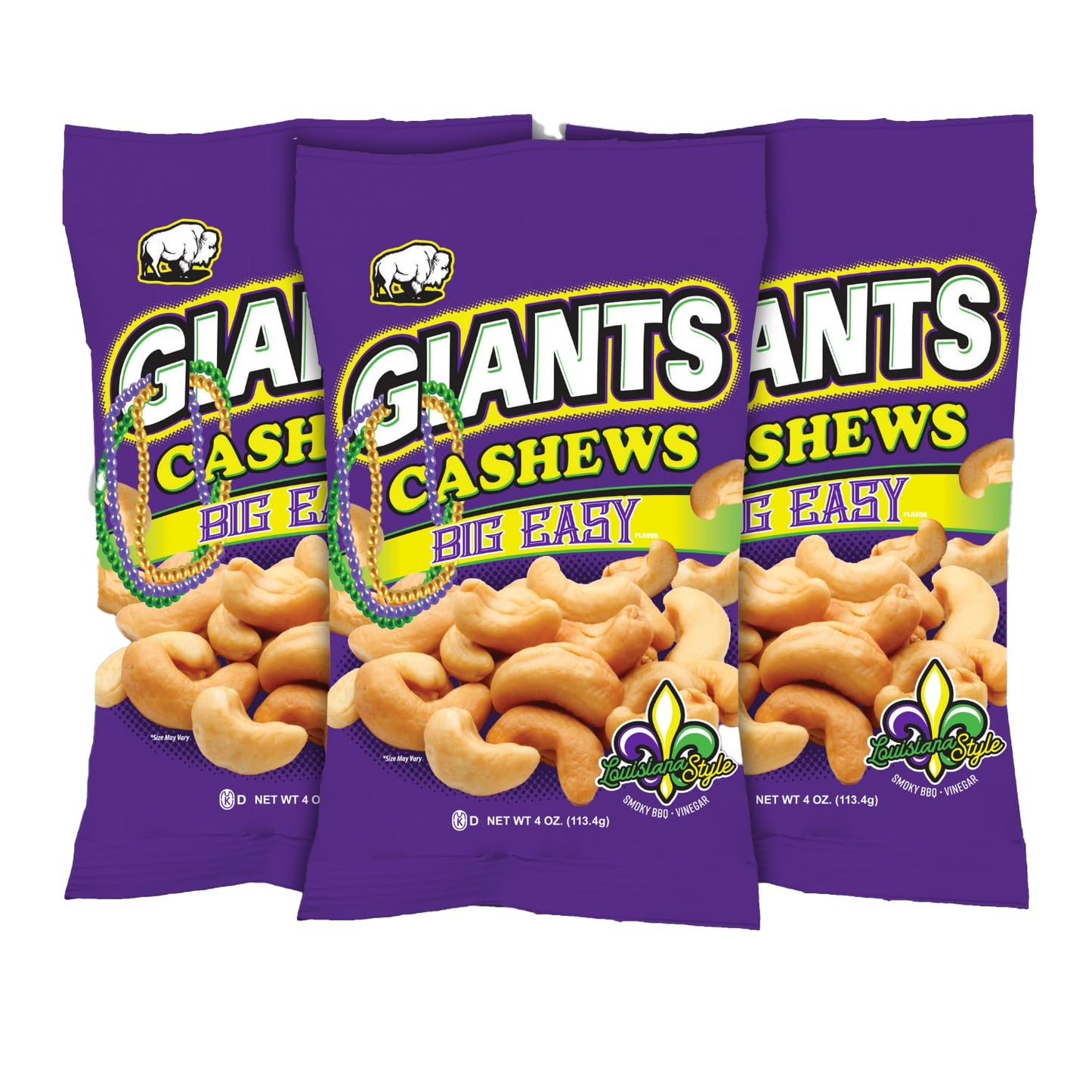 Giants Big Easy Cashews - Cashew Nuts Roasted Lightly Salted Individual Packs Snack Bags Smoky Bbq & Vinegar Dry Roasted High In Protein - 4 Oz Bags (Pack Of 3)