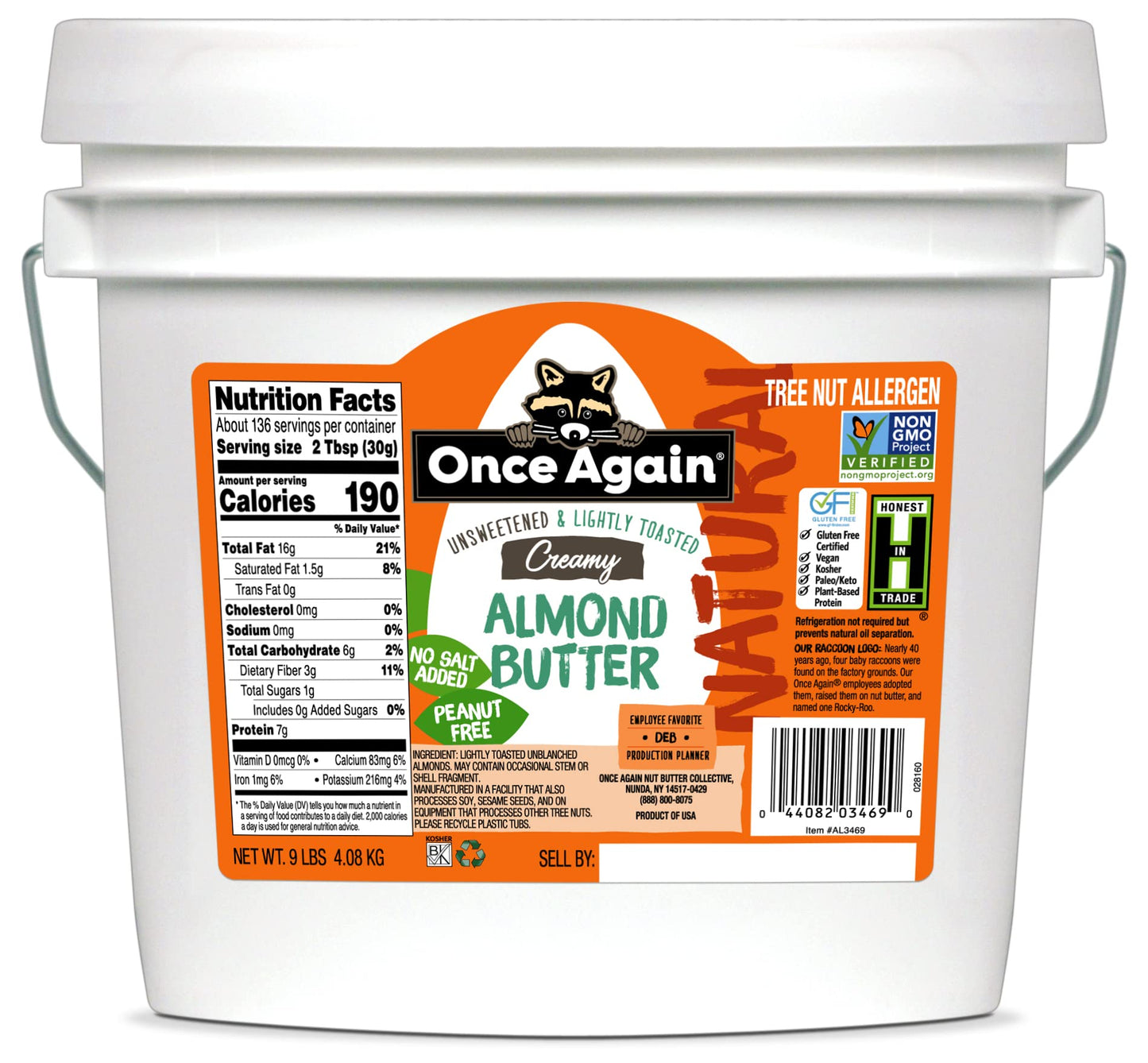 Once Again Natural Creamy Almond Butter, 9lbs (same as 9 jars) - Lightly Toasted - Salt Free, Unsweetened - Gluten Free Certifie