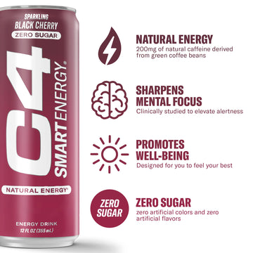 Cellucor C4 Smart Energy Drink - Sugar Free, Brain Booster - Black Cherry, 12 Fl Oz (Pack of 12)