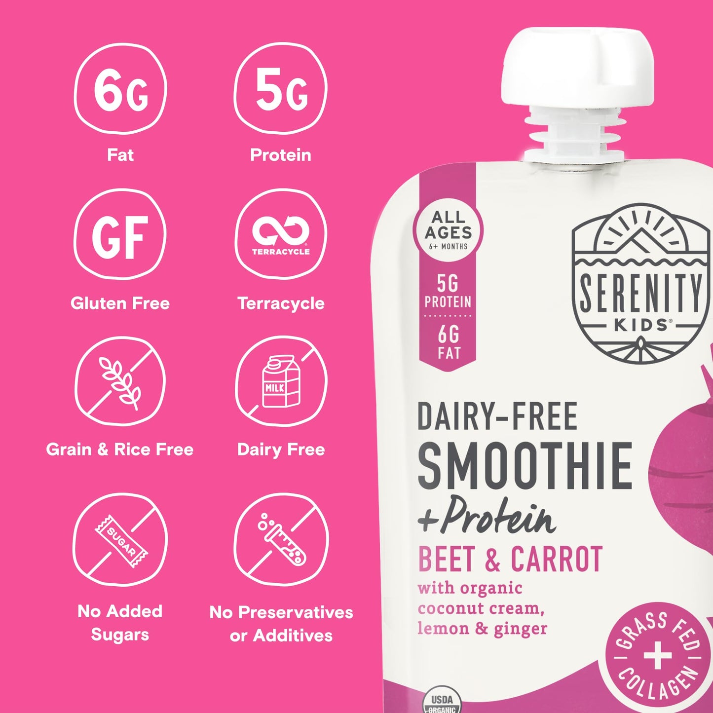Serenity Kids 6+ Months Dairy-Free Smoothie Baby Food Pouch - Usda Organic - Grass Fed Collagen Protein - 3.5 Ounce Bpa-Free Pou
