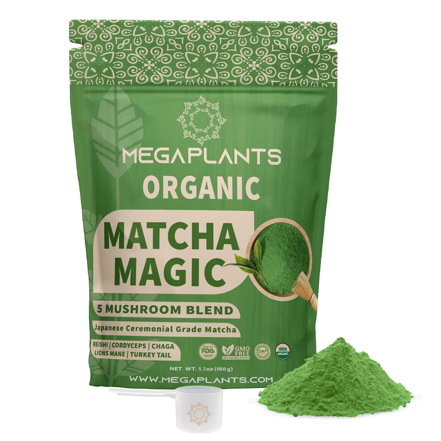 Megaplants Mushroom Matcha Magic - Usda Organic Ceremonial Grade Japanese Matcha (50 Serving)- With Reishi Lions Mane Chaga Cordyceps & Turkey Tail - Superfood For Focus & Energy.