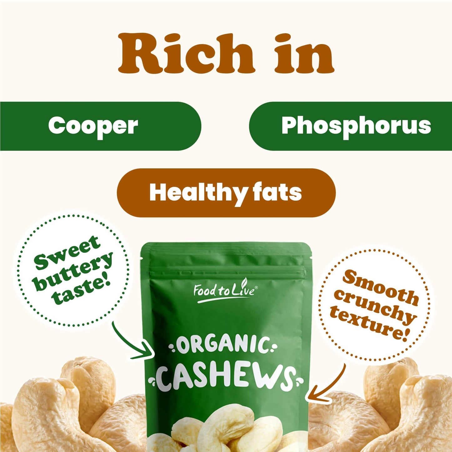 Food To Live - Organic Cashews, 8 Pounds Whole, Unsalted, Non-Gmo, Kosher, Raw, Vegan, Bulk