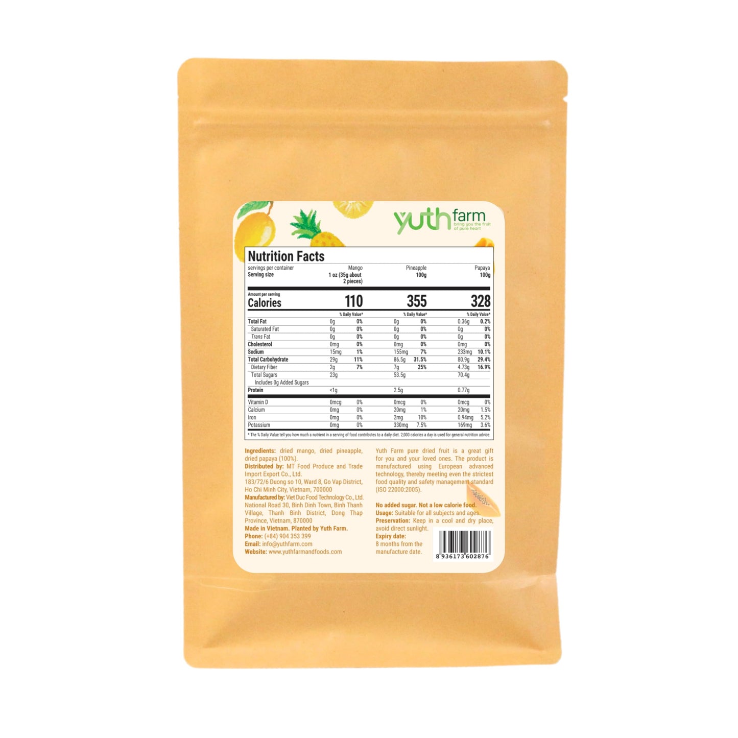 Yuth Farm Tropical Mixed Dried Fruit - Mango, Pineapple, Papaya, Natural Soft Dried Fruit Gift Set 300G (10.6 Oz) - Small Pieces