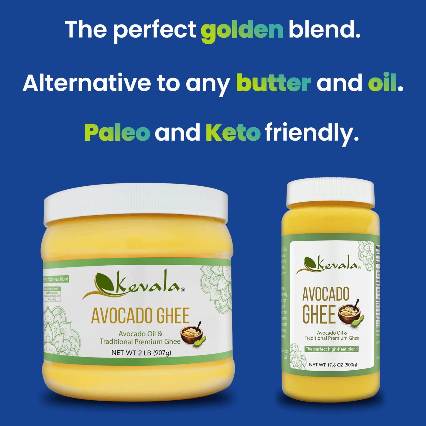 Kevala Avocado Ghee - Cold-Pressed Avocado Oil and Ghee, Lactose-Free, 17.6 oz, Yellow