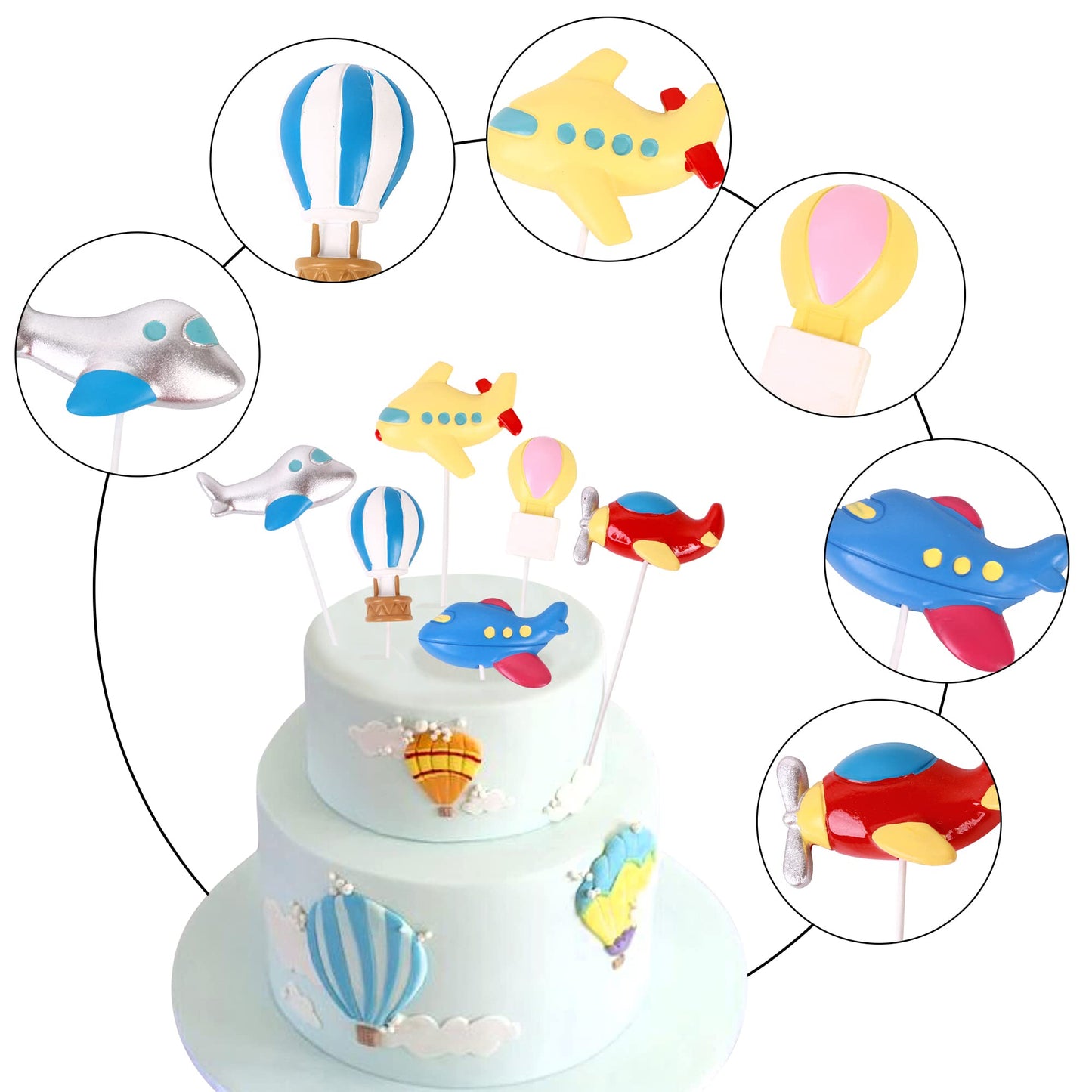Ercadio 6 Pack Airplane Cake Toppers 2D Hot Air Balloons Cake Picks Baby Shower Boys Girls Birthday Party Cake Decorations Suppl