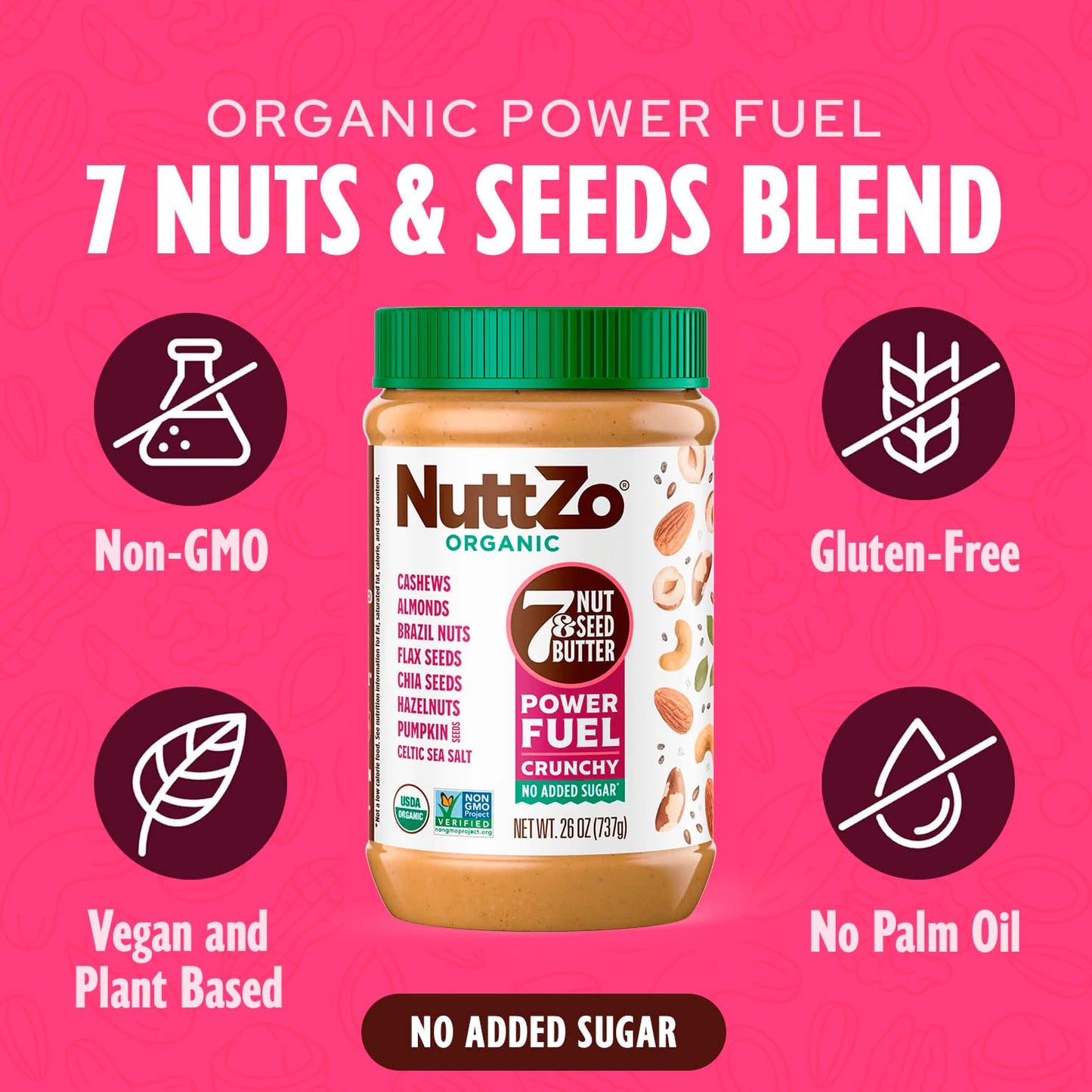 Organic Power Fuel Crunchy Nut Butter by NuttZo | 7 Nuts & Seeds Blend, Paleo, Non-GMO, Gluten-Free, Vegan, Kosher | 1g Sugar, 6