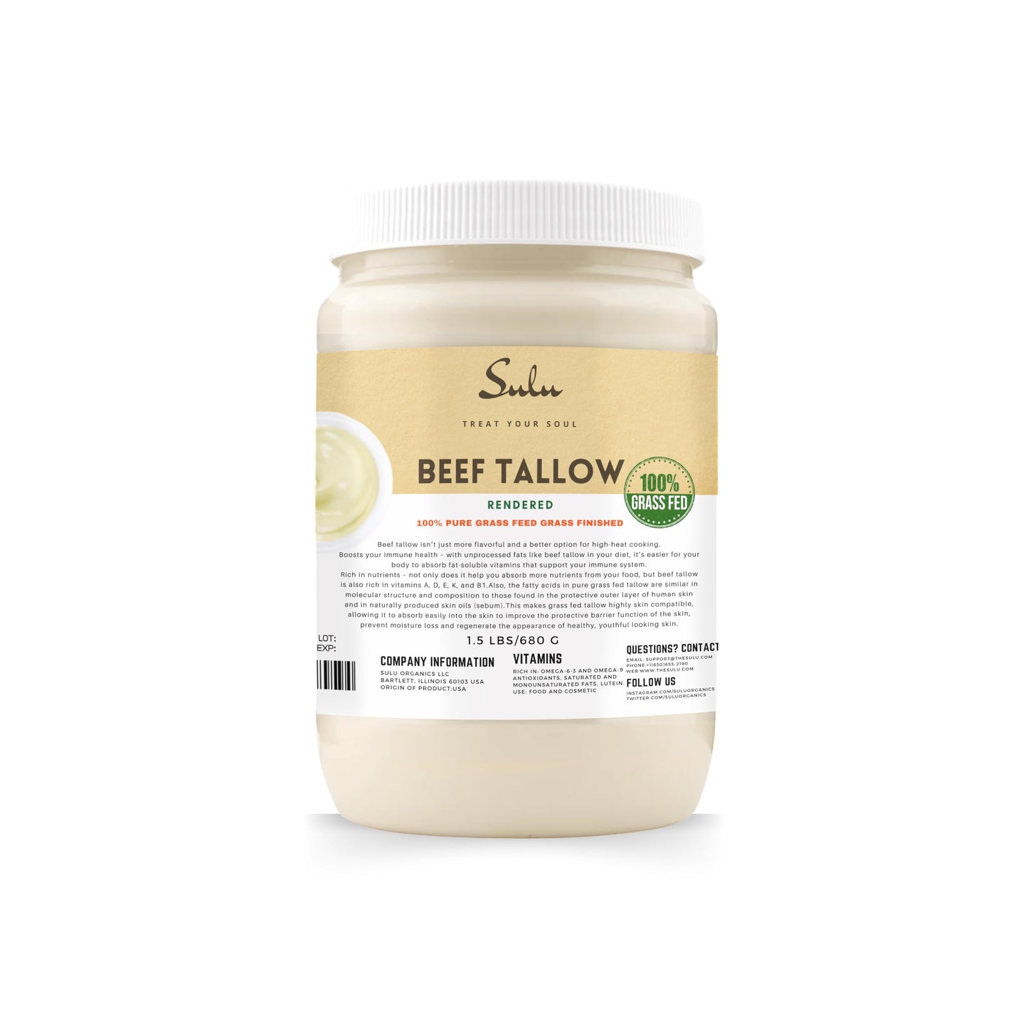 Sulu Organics 100% Pure Rendered Grass Fed And Grass Finished Beef Tallow-Food Grade- Us Raised Non Gmo 100% Suet- Set Of 3 Jars