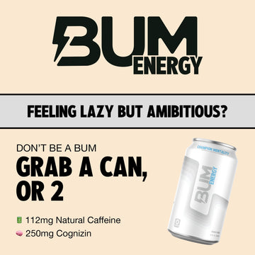 Bum Energy Sugar-Free Energy Drink, Natural Caffeine & Citicoline, Lightly Carbonated, 12 oz, Pack of 12