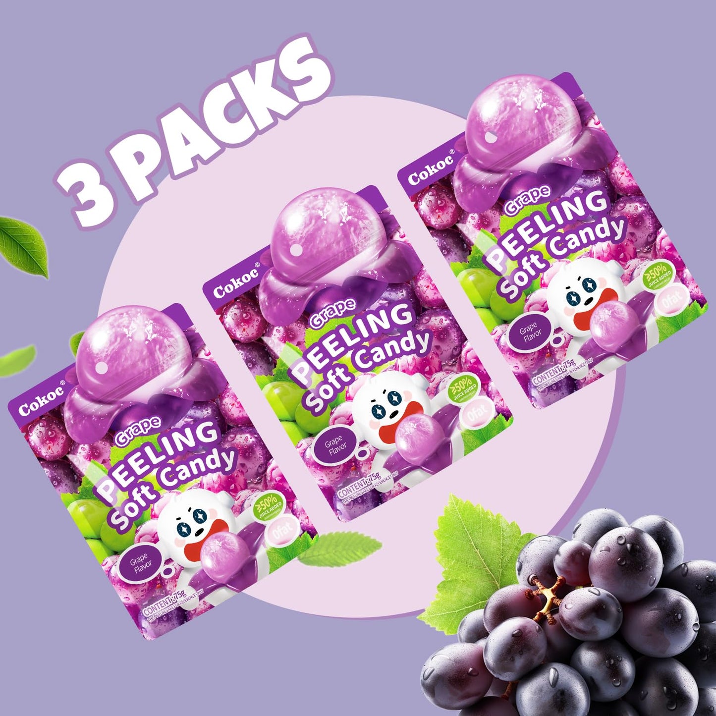 Cokoc Peelable Gummies Grape,Peeling Gummies Grape Candy,Individual Packaging 2.64Oz Bag Fruit Peelable Candy(Pack Of 3)