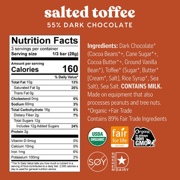 Theo Chocolate Salted Toffee Organic Dark Chocolate Bar, 55% Cacao, 12 Pack | Fair Trade