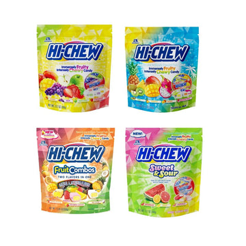 Hi-Chew Variety Pack, 4 Stand Up Pouches | Original Tropical Fruit Combos Sweet & Sour | Unique Fun Soft & Chewy Taffy Candy | Immensely Juicy Exotic Fruit Flavors | Individually Wrapped For Sharing