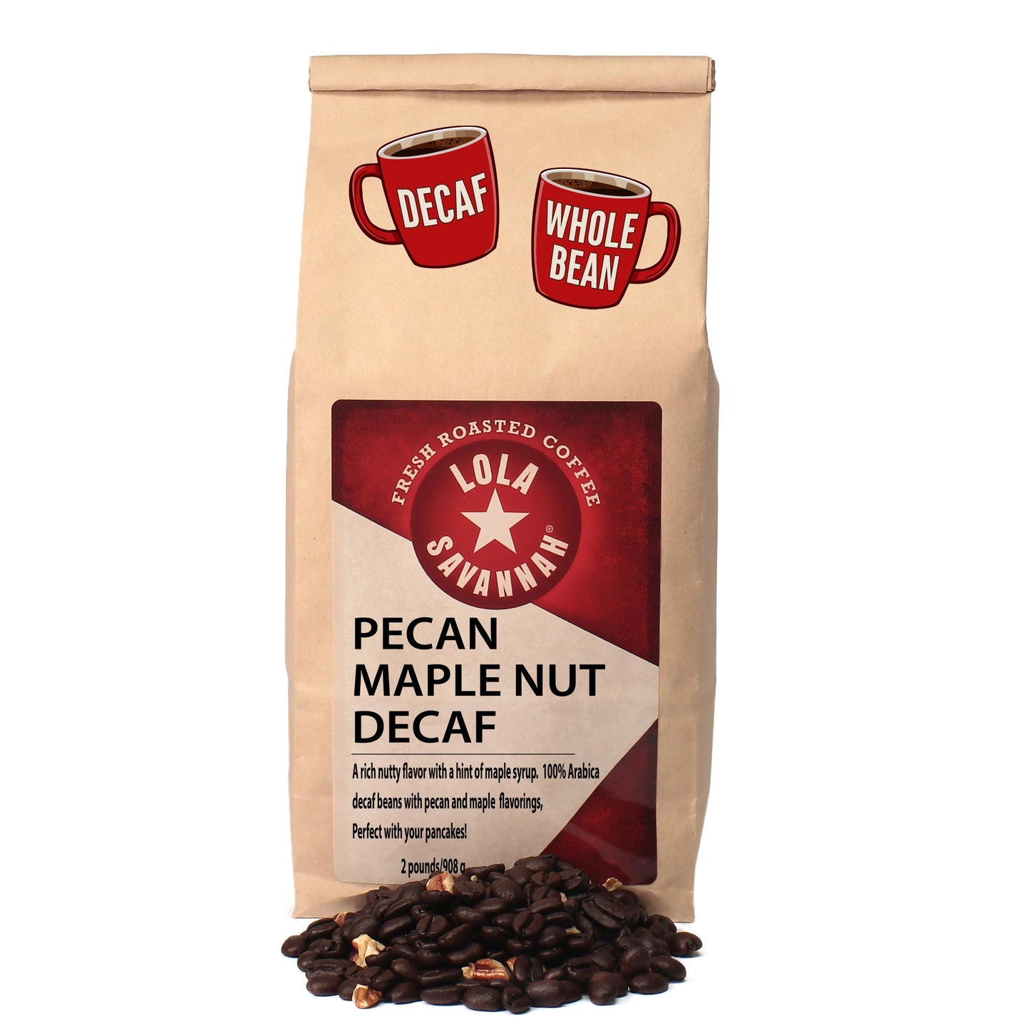 Lola Savannah Pecan Maple Nut Flavored Whole Bean Decaf Coffee 2Lb