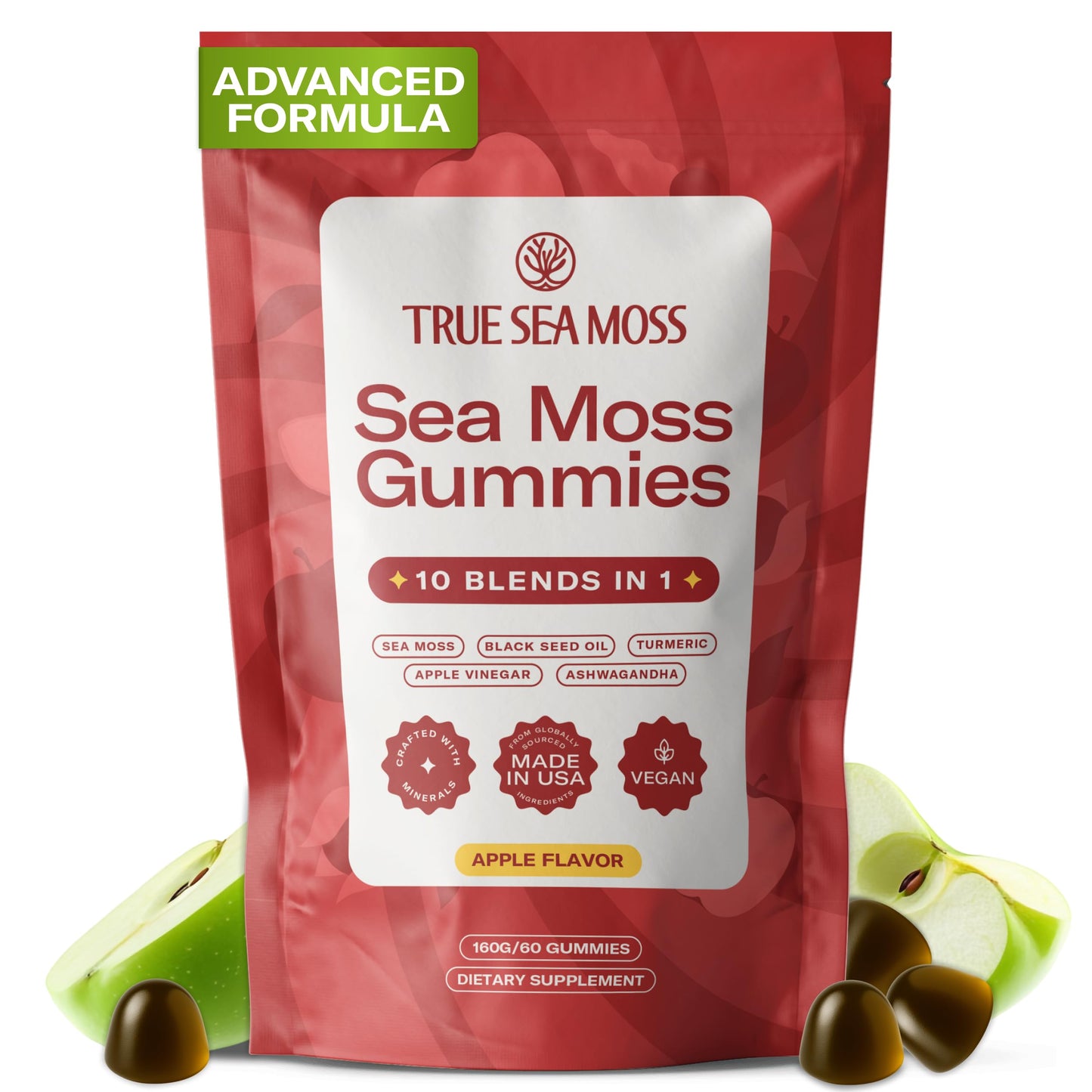 TrueSeaMoss Sea Moss & Apple Cider Vinegar Gummies - 60 Count - Vegan, Non-GMO, Apple Flavor - Model TSM-341-GMB1
