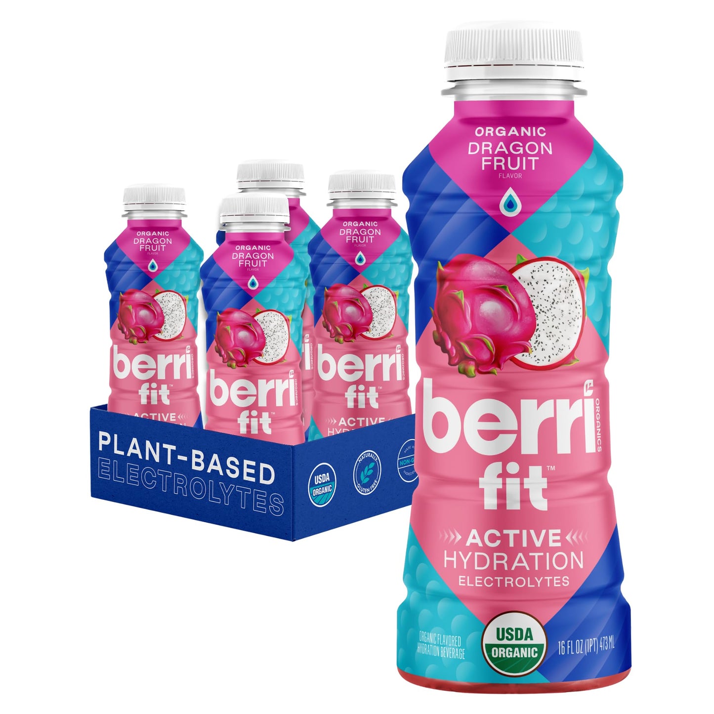 Berri Fit Organic Dragon Fruit Sports Drink - Plant-Based Electrolyte Beverage, Low Calorie, 4 Pack, 16oz