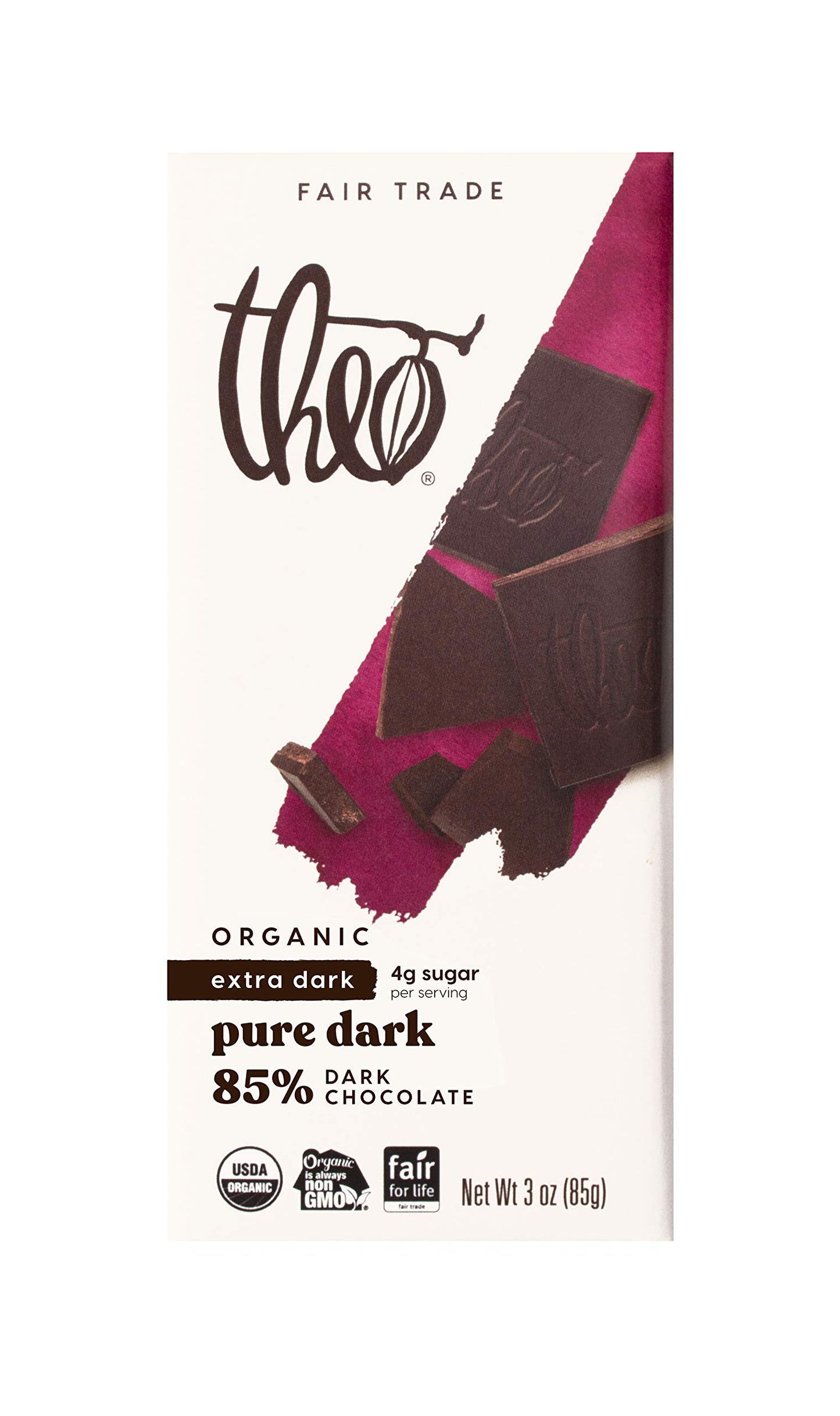 Theo Chocolate Pure Organic Dark Chocolate Bar 85% Cacao, 6 Pack | Vegan, Fair Trade