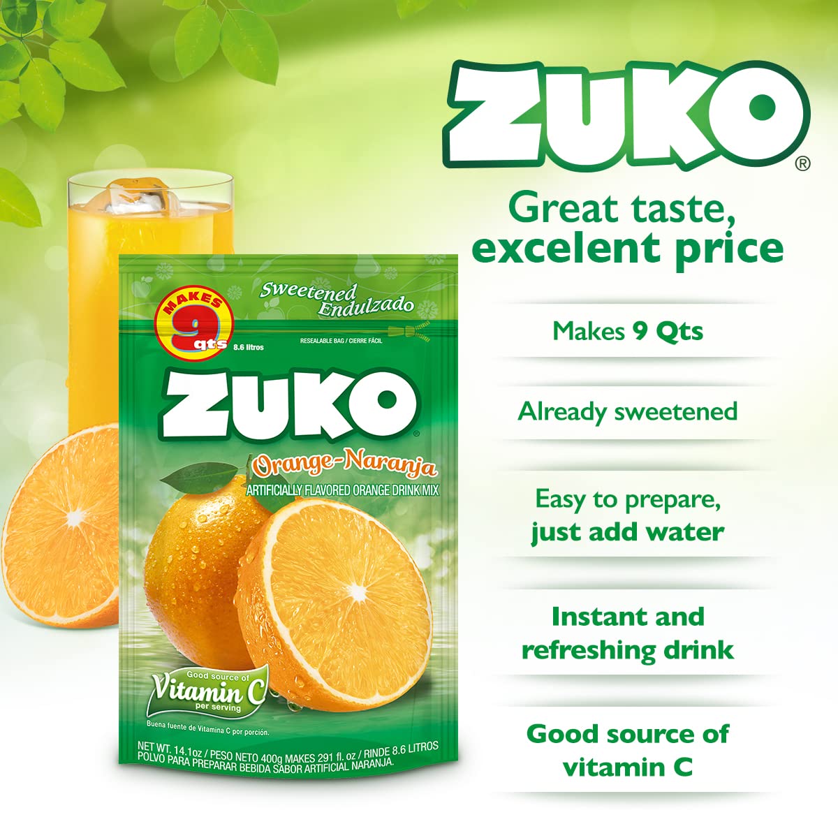Zuko Orange Instant Powder Drink | Family Pack | No Sugar Needed | Vitamin C | 14.1 Ounce (Pack of 6)