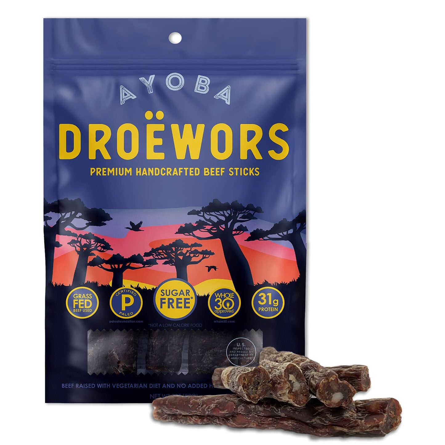 Ayoba Traditional Droewors Grass Fed Beef Paleo Sticks (2 Ounce Pack Of 1) - Keto Friendly Air-Dried Beef Protein Snacks - Low Carb Gluten Free Nitrate Free No Sugar Meat Snacks