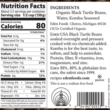 Eden Organic Black Beans, 15 Oz Can, No Salt, Non-Gmo, Gluten Free, Vegan, Kosher, U.S Grown, Heat And Serve, Macrobiotic, Turtle Beans, Frijol Negro, Caviar Criollo