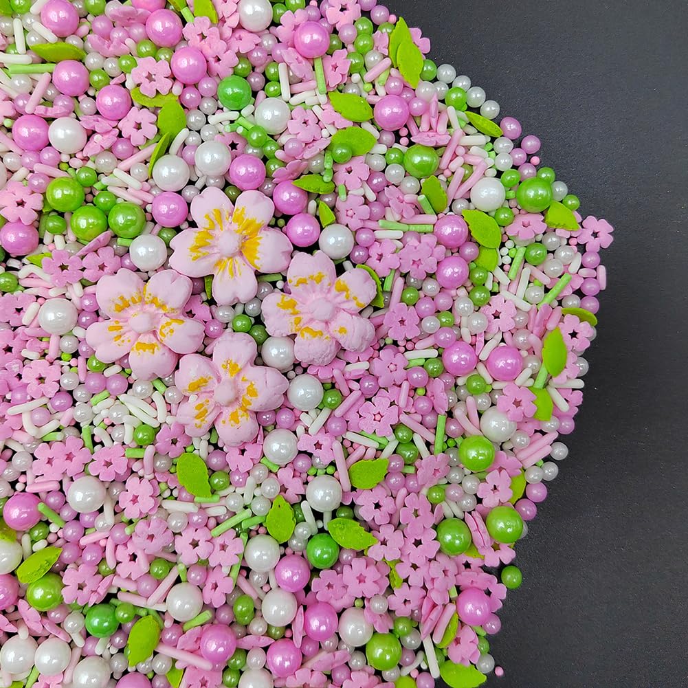 Homankit Edible Flowers for Cake Decorating Pink Flowers Sprinkles White Green Sugar Pearls Baking Cake Cupcake Toppers Cookie D
