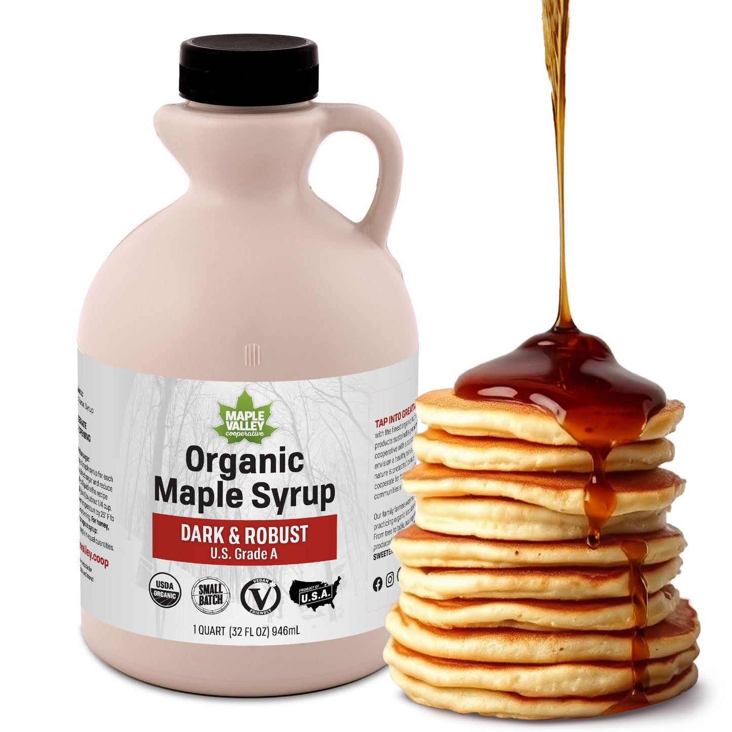 Maple Valley Organic Pure Maple Syrup Dark & Robust Playter Than Pancake Syrup Use For Coffee Or All-Natural Sugar Substitute In Cooking And Baking (32Oz Plastic Jug)