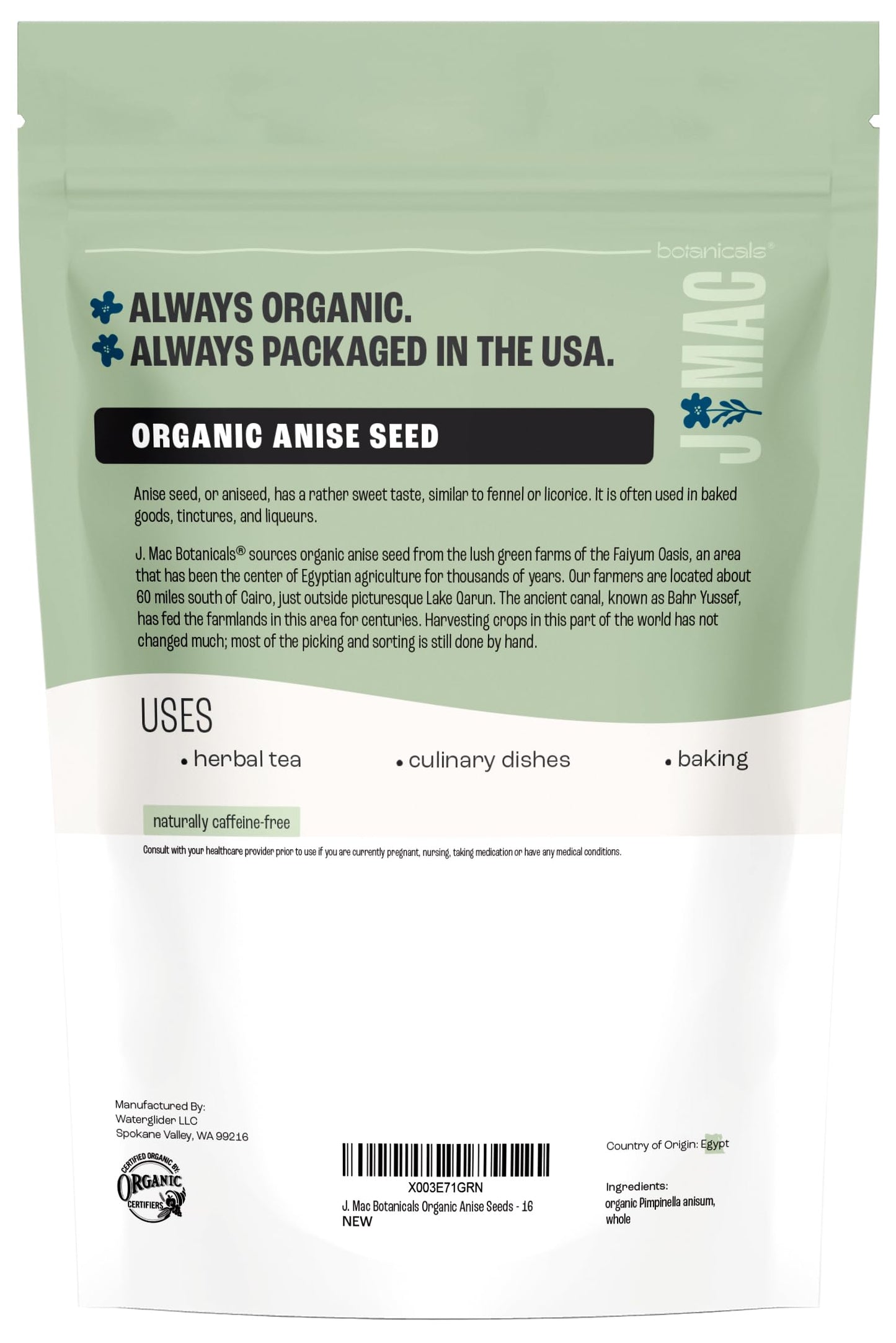 J Mac Botanicals Organic Anise Seeds (16 oz) whole seeds aniseed anisecookies anisetea aniseseed powder aniseseeds for baking Certified Organic.