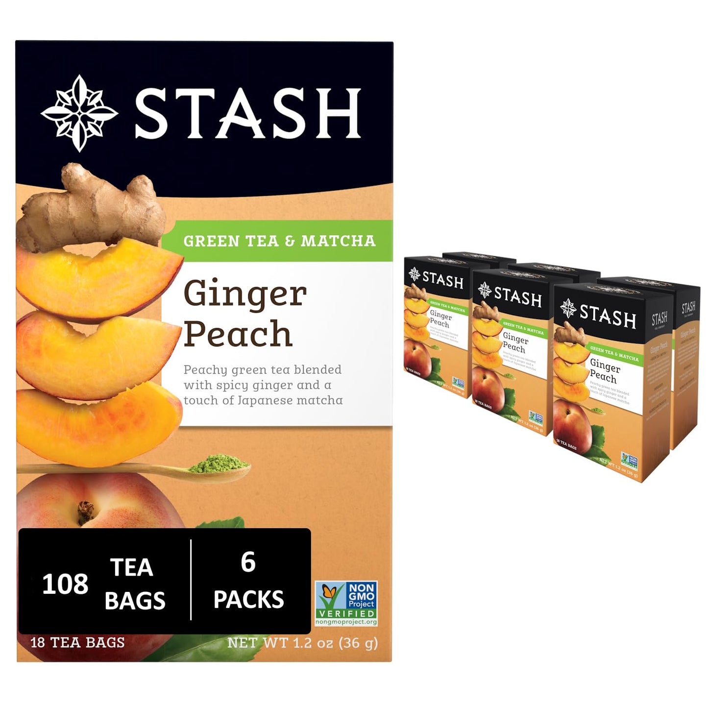 Stash Tea Ginger Peach Green Tea - Caffeinated, Non-GMO Project Verified enhanced Tea with No Artificial Ingredients, 18 Count (Pack of 6) - 108 Bags Total