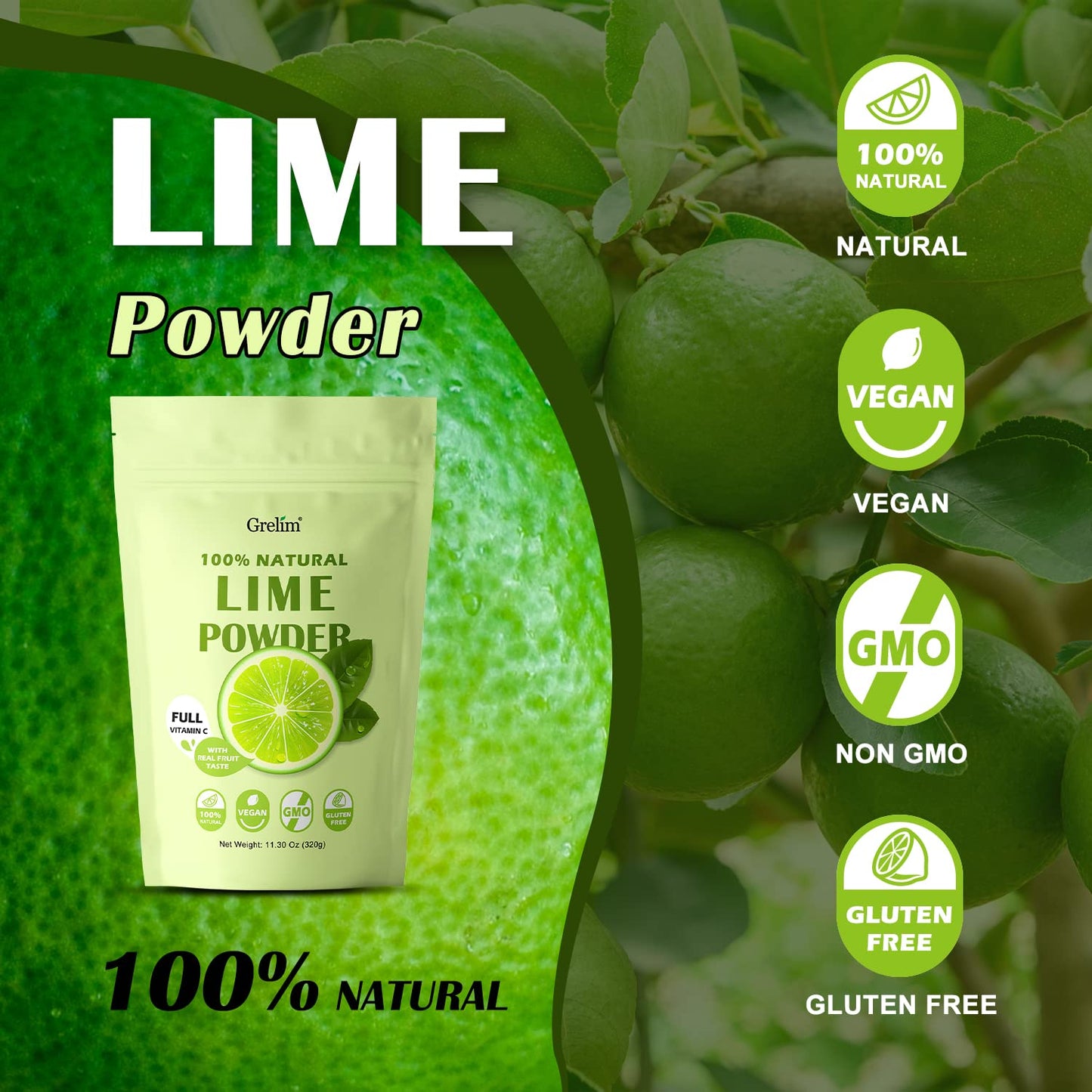Grelim Lime Powder 11.3 Oz - Freeze Dried Gluten-Free Lime Juice Powder for Beverages & Smoothies - Fresh Squeezed Limeade 320g