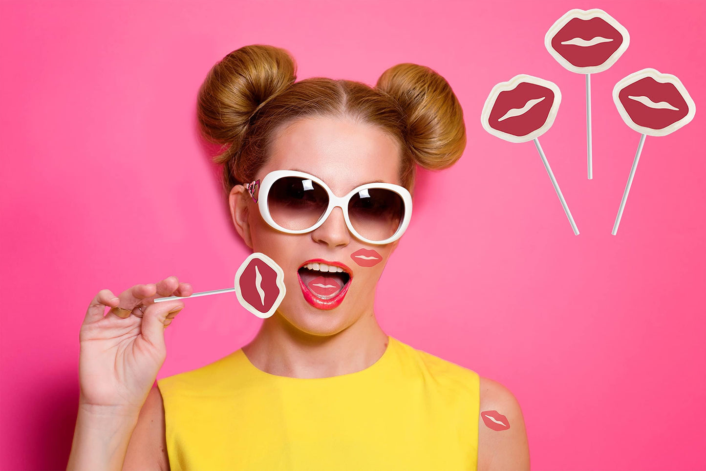 Fruidles Valentine'S Day Red Lips Tattoo Lollipop Sucker, White Lip Shaped Lollipop With Red Lips, Individually Wrapped Candy (2