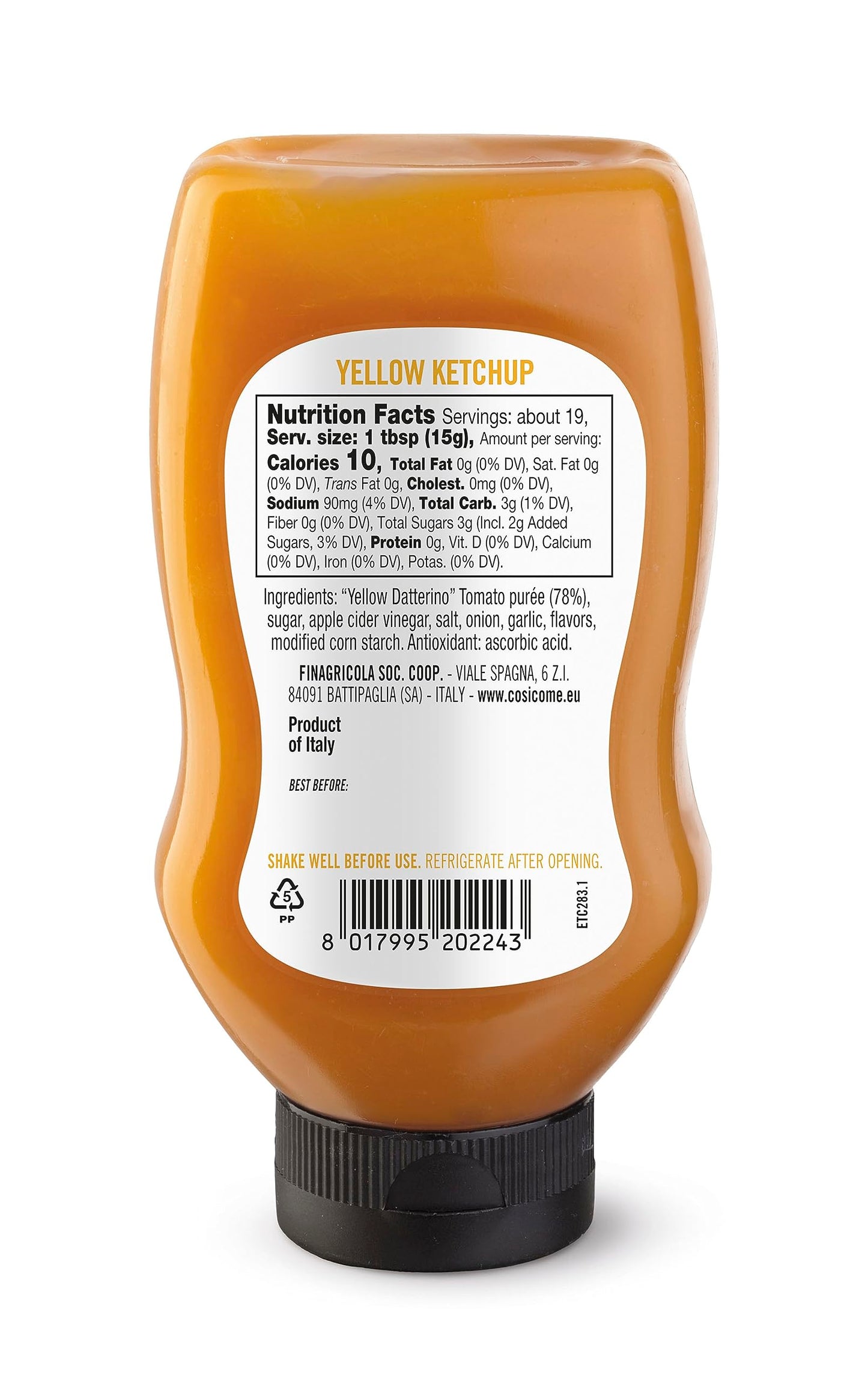 Cosi Come - Italian Yellow Tomatoes Ketchup, 9.88 Oz (280 Gr), No Preservatives, No Artificial Flavors, Non Gmo