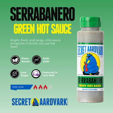 Secret Aardvark Hot Sauce - Serrano & Green Habanero, Non-GMO, Low Carb, 8 Fl Oz (Pack of 3)