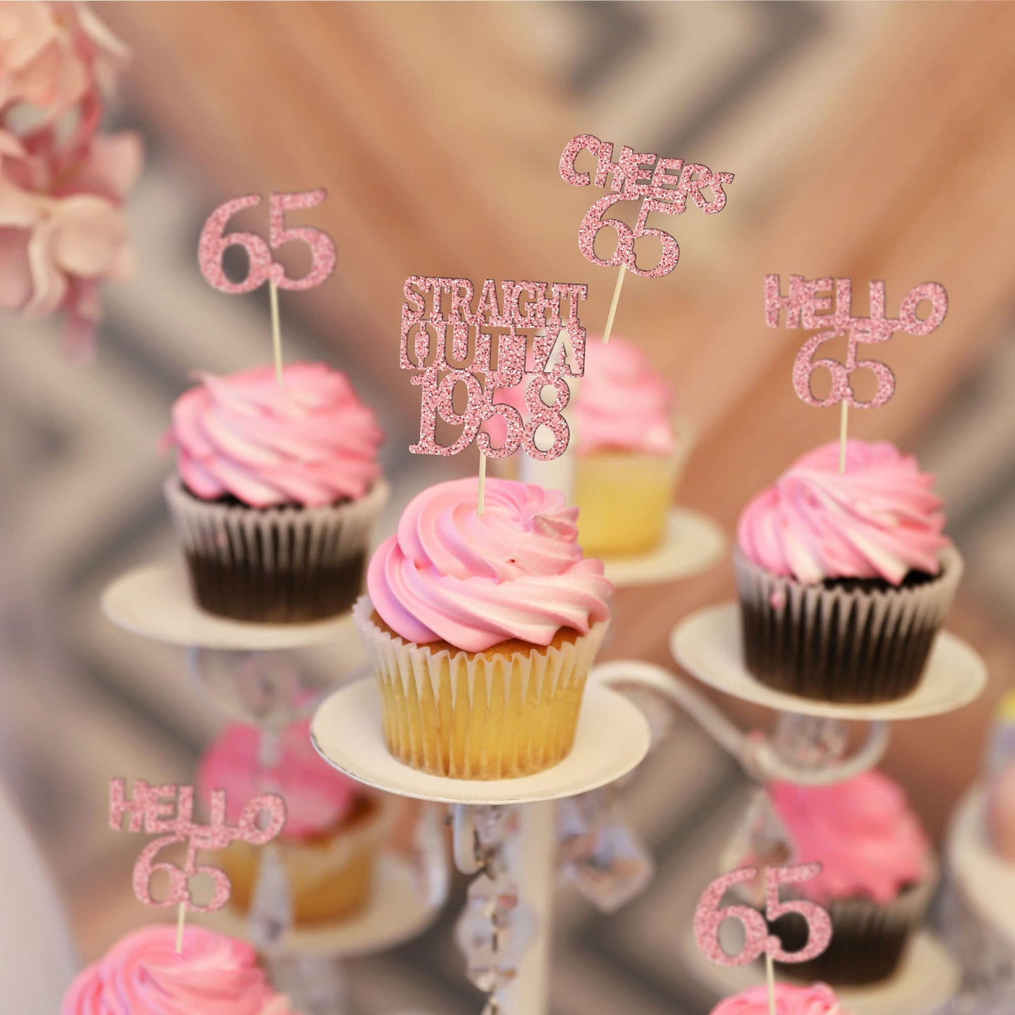 Gyufise 24Pcs Cheers to 65 Years Birthday Cupcake Toppers Glitter Sixty-five Straight Outta 1958 Cupcake Picks Happy 65th Cake D