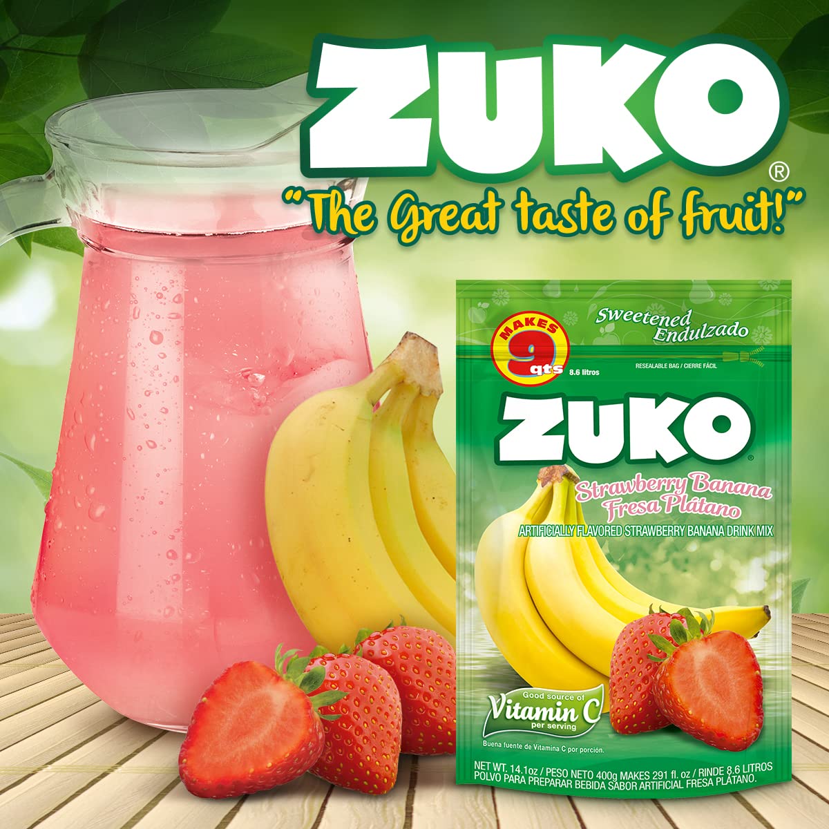 Zuko Strawberry Banana Instant Powder Drink | Family Pack | No Sugar Needed | Vitamin C | 14.1 Ounce (Pack of 6)