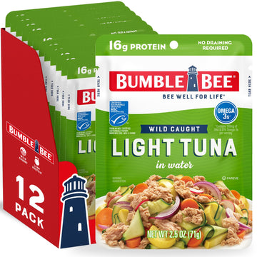 Bumble Bee Chunk Light Tuna In Water, 2.5 Oz Pouches (Pack Of 12) - Ready To Eat Wild Caught Skipjack Tuna Packet - 16G Protein Per Serving - Msc Sustainable Seafood, Non-Gmo, Gluten Free, Kosher