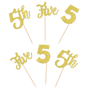 24 Pcs 5Th Birthday Cupcake Toppers Glitter Five Cupcake Picks Number 5 Birthday Cupcake Decorations For Baby Shower Kids 5Th Bi