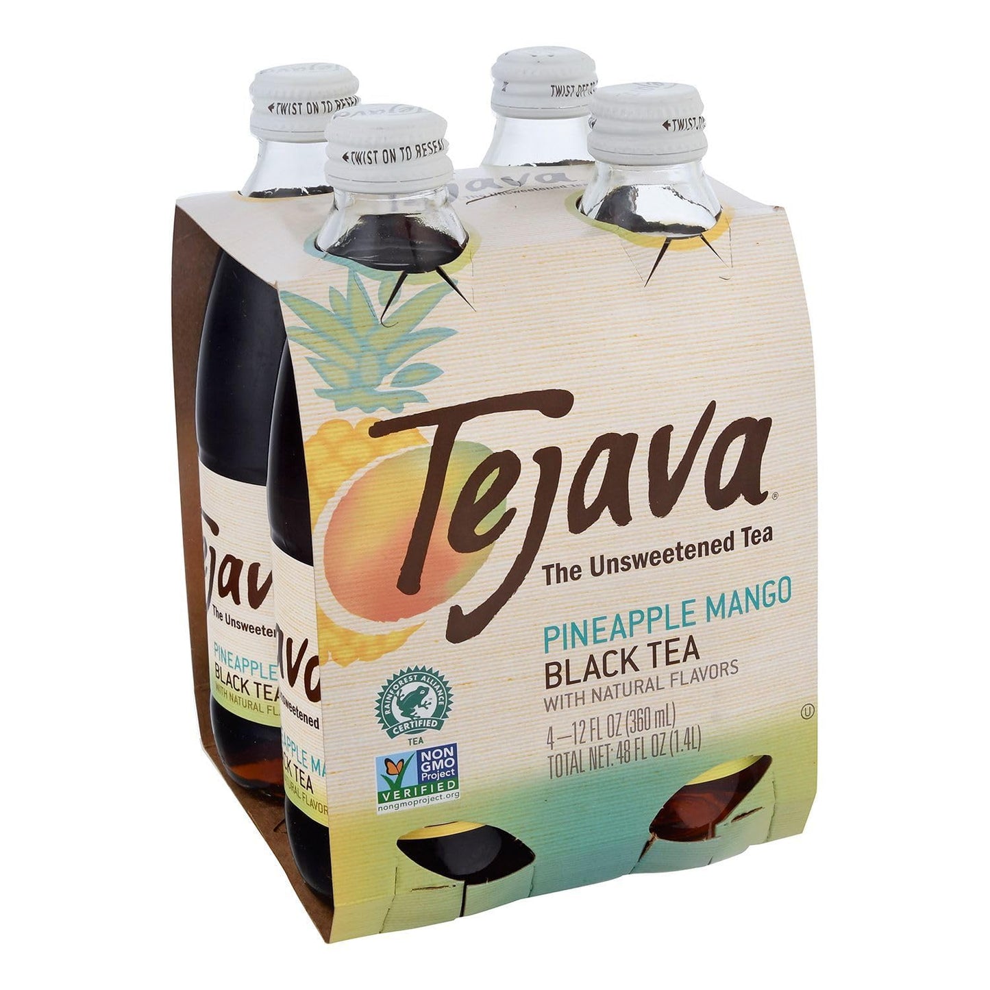 Tejava Pineapple Mango Black Iced Tea, 4 Pack, 12Oz Glass Bottles, Unsweetened, Non-Gmo, Kosher, No Sugar Or Sweeteners, No Calo