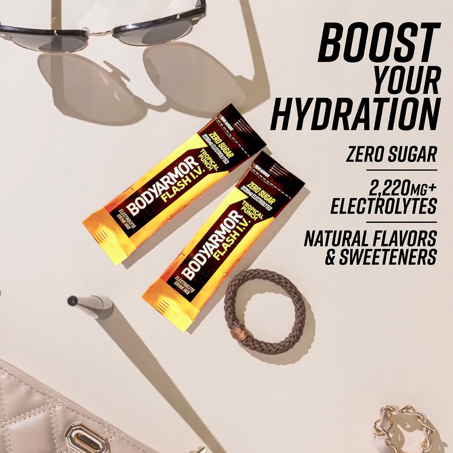 BODYARMOR Electrolyte Packets, Tropical Punch, Zero Sugar Drink Mix, Coconut Water Powder, 6 Servings, Single Serve Packs, Yellow