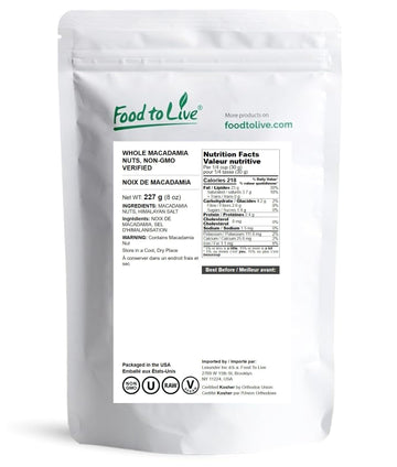 Food to Live Whole Macadamia Nuts, Raw, Unsalted, Keto Friendly, 8 Ounces
