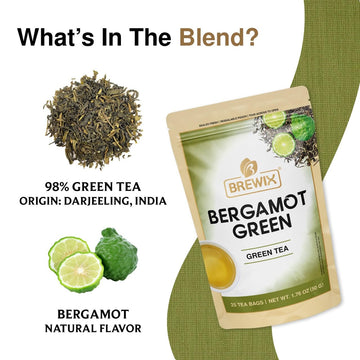 Brewix, Bergamot Green Tea (25 Pyramid Tea Bags) | Caffeinated Tea Loose Leaf Earl Grey Green Tea With Pure Bergamot | High Elev