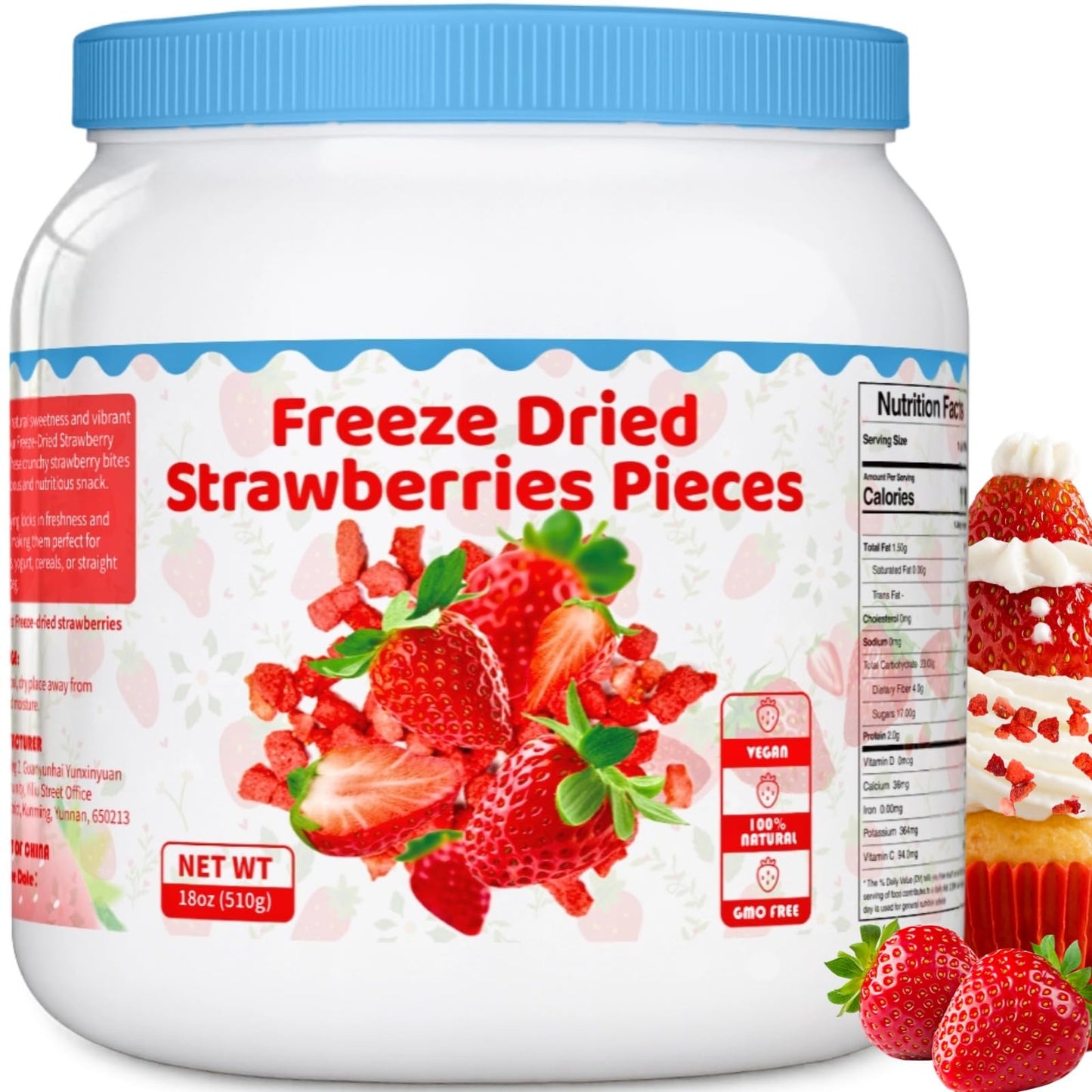 Large 18Oz Freeze Dried Strawberries - Big Can Of 100% Natural Sweet Dry Frozen Strawberry Pieces No Gluten & No Allergen Resealable Container For Snacks Baking Yogurt Smoothies 510G